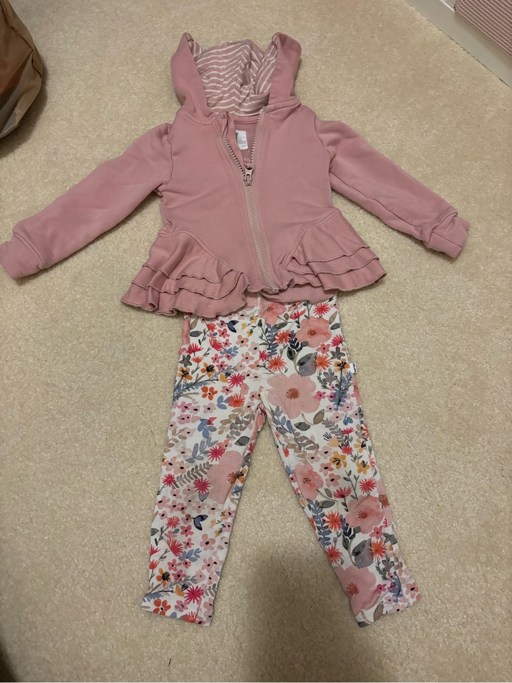 Girls Pink Ruffle Hoodie and Floral Leggings Set